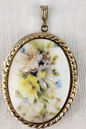 Flower Bouquet Oval  Locket Painted Milk Glass Gold Tone Jewelry Pendant