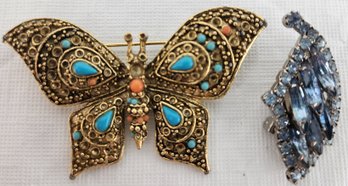 Vintage Butterfly And Blue Crystal Brooch Pins