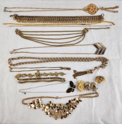 Lot Of Gold Toned Jewelry (Necklaces, Bracelets, Earrings, Brooch)