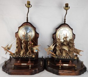 Pair Of Vintage Wood Lamps With Built-in Barometer & U.S.s. Constitution 1814 Ship Model (tested & Working)