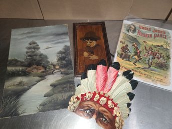 Vintage Carved Wood Artwork, Advertisement, Initialed Painting And Vintage Indian Paper Mask