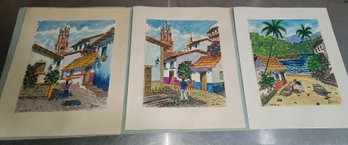 Lot Of 3 Vintage Watercolor Paintings Signed Vallarta / Diaz