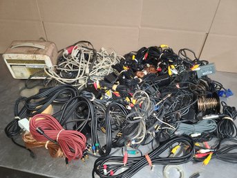 Bucket Of AV Cables, Power Adapters, Speaker Wires & More - About 36 Lbs