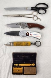 Vintage Gillette Shaving Kit, Vintage Scissors, Folding Pocket Knives, Antique Corkscrew Bottle Opener