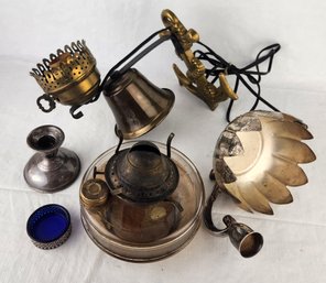 Lot Of Vintage Metal Lighting Fixtures (Oil Lamp Base, Candle Holders, And Sconce)