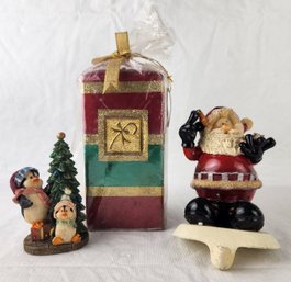 Christmas / Holiday Decor - Stocking Holder,  Candle, And Figurine