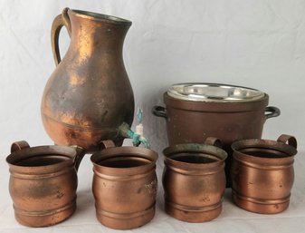 Lot Of Copper Cups, Pitchers & Apollo E.P.C. Ice Bucket