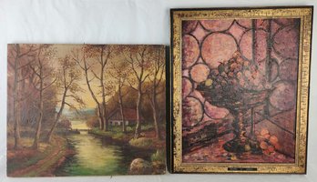 Pair Paintings Landscape And Sunset With Grapes - One Is Signed