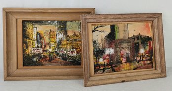 Pair Of Textured Paintings Of City Life