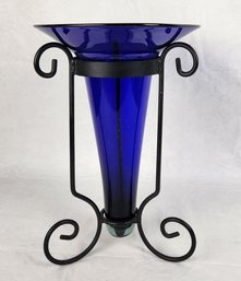 Cobalt Blue Art Glass Vase With Wrought Iron Stand