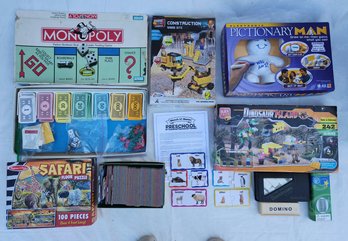 Lot Of Board Games (Monopoly, Dominoes, Floor Puzzles, Pictionary Man, Block Tech Lego Lookalike Sets)