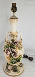 Vintage Capodimonte Style Flower Decorated Lamp - About 24.5' Tall As Shown (Tested & Working)