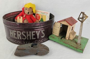 Vintage Toys & More Lot (Toy Metal Car, Metal House, Teddy Bear, Vintage Hershey's Can & Peanuts CD)