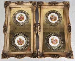 Pair Of Romantic Victorian Fragonard Cameo Wall Plaques W/ Ornate Frames