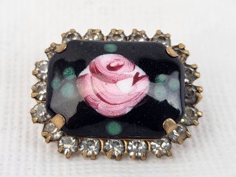 Vintage Pink Rose Flower Enamel Clear Rhinestone Pin