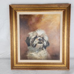 Framed Portrait Of Lhasa Apso Shih Tzu Dog Painting - Signed By Artist