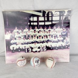 Baseball Memorabilia Lot (1955 Dodgers Team Poster & Three Signed Baseballs)