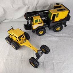 Pair Of Large Vintage Tonka Construction Vehicles (Tire Crane Bucket Truck And Grader)