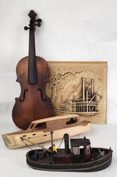 Vintage Wooden Model Ship/Boat, Violin And Picture