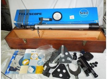 Vintage Selsi Telescope With Wooden Tripod, Wood Case And Extra Parts