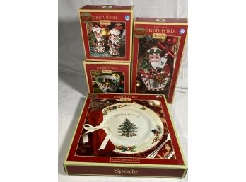 All New Lot Of 4 Spode Christmas Tree Plates Bowl Salt & Pepper Shaker Peppermint