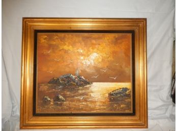 Lighthouse Beach Oil Painting Signed R. Kosta