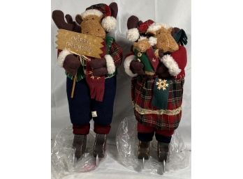 Lot Of 2 New Stuffed Christmas Moose On Ice Skates Christmas Decorations Rustic