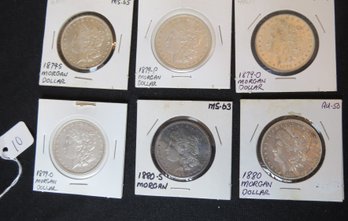 Lot 6 Morgan Silver Dollars - 1878-S, 1879-P, 1879-O, 1879-O, 1880-S, 1880