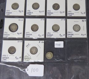 Lot Of 11 Barber Dimes Seven 1916, 1916-S, 1916-S, 1915, 1908