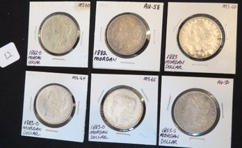 Lot 6 Morgan Silver Dollars,1882-O, 1882, 1883, 1883-D, 1883-O, 1883-S