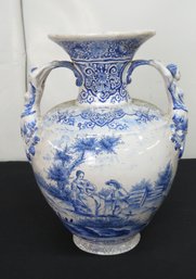 Large Two Handled Blue And White Delft Vase - As Is