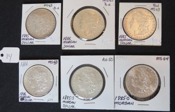 Lot 6 Morgan Silver Dollars - 1885, 1886, 1885, 1886, 1885-S, 1885-O