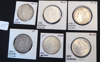 Lot 6 Morgan Silver Dollars - 1886, 1886, 1886-S, 1886-O, 1887, 1887