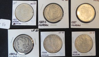 Lot 6 Morgan Silver Dollars - 1887, 1887-S, 1887, 1887-O, 1880-O, 1888