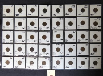 Lot Of 40 Indian Head Pennies, 1905-1906