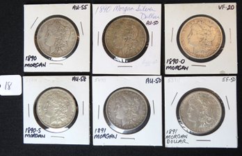 Lot 6 Morgan Silver Dollars - 1890, 1890, 1890-O, 1890-S, 1891, 1891