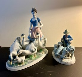 Two Bavarian Porcelain Figures Boy With Sheep - Girl With Geese