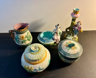 Five Pieces Majolica Including Cream And Sugar