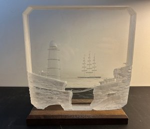 Etched Art Glass - Ship And Lighthouse On Stand 8.5x8.5