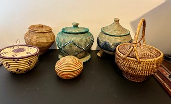 Six Baskets Including Colorful African Examples