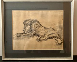 Framed Charcoal Lion Drawing - 13.5x16.5