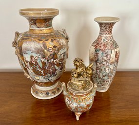 Three Satsuma Pcs - 2 Vases And Other Piece With Mismatched Cover