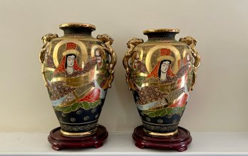 Pair Of 12 Inch Satsuma Vases With Stands - Drilled Bottoms