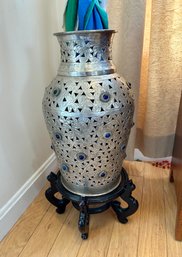 Fret Cut And Jeweled Tall Vase On Stand - 16 Inches