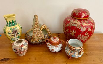 Six Pc Asian Lot - Including Lg Covered Jar - Vase - Satsuma Bird