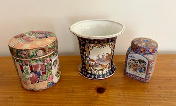 Three Pc Asian Lot Including 2 Covered Jars And A Hand Painted Vase