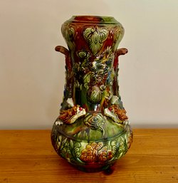 Large Majolica Style Vase With Dragon Decoration 16 Inches Tall