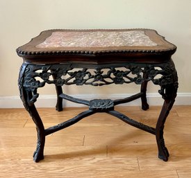 19th C Chinese Carved Table With Marble Top 17x22x29