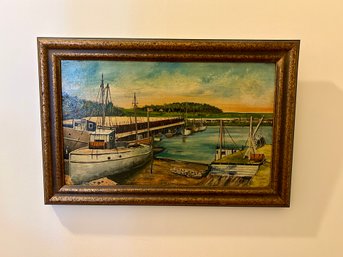 Framed Painting Of Boat In Harbor 12x18