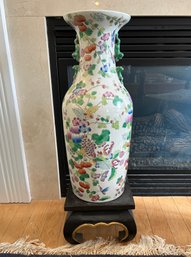 Tall Floral Decorated Asian Vase With Wooden Stand